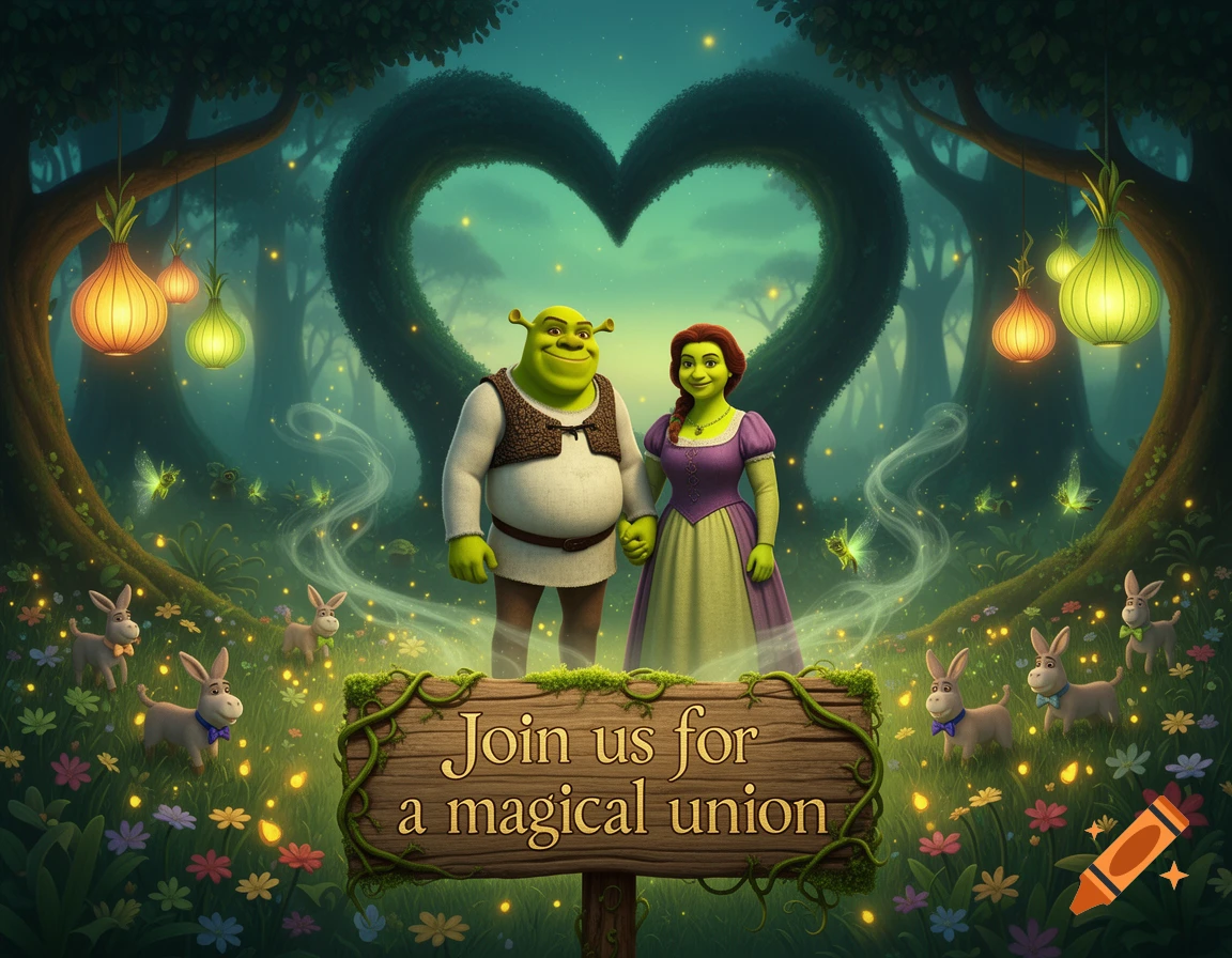 Shrek and Fiona hold hands in an enchanted forest with glowing lights, donkeys, and a sign for a magical union.