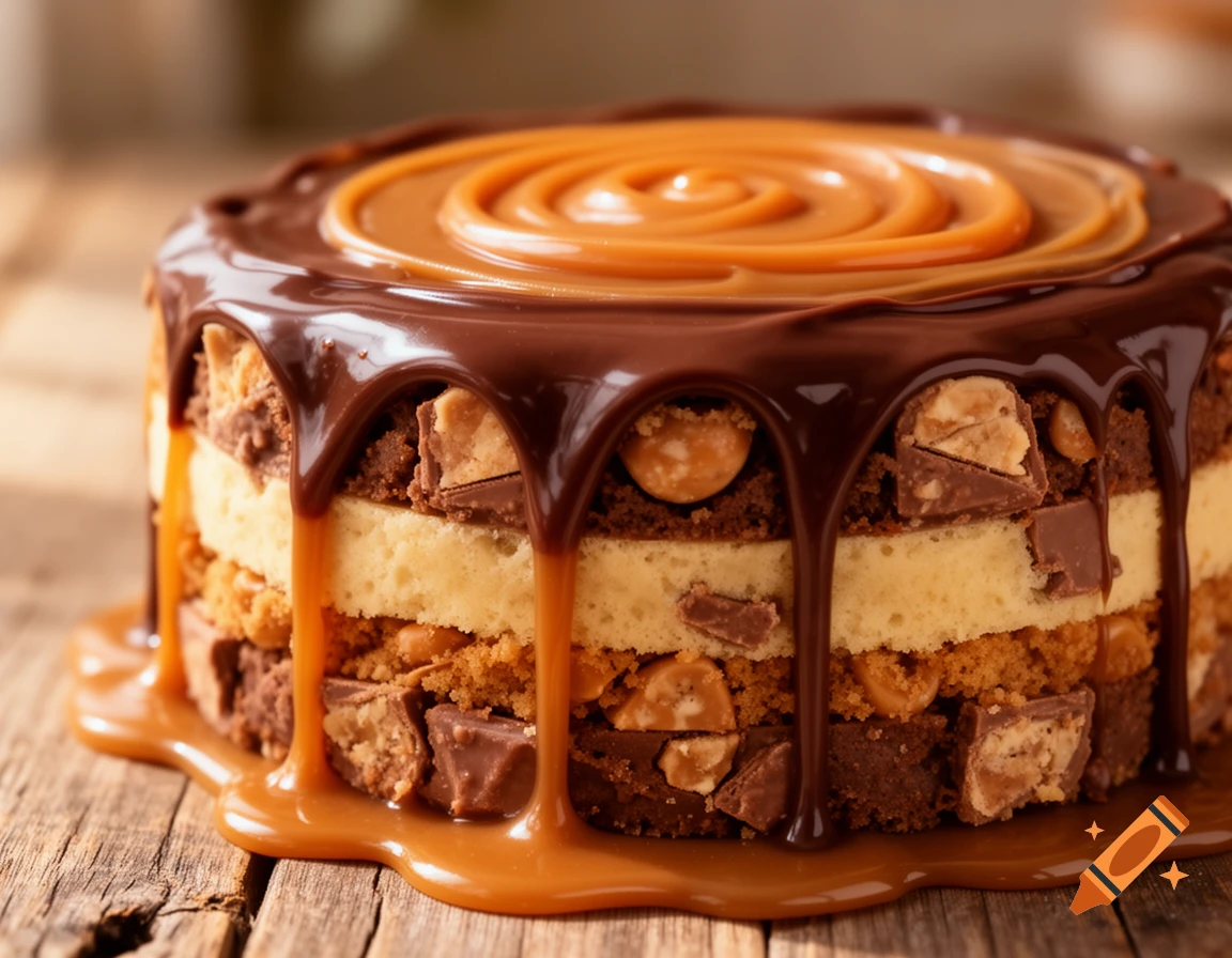 A multi-layered candy bar cake with chocolate ganache and caramel swirl, dripping onto a rustic wooden surface.