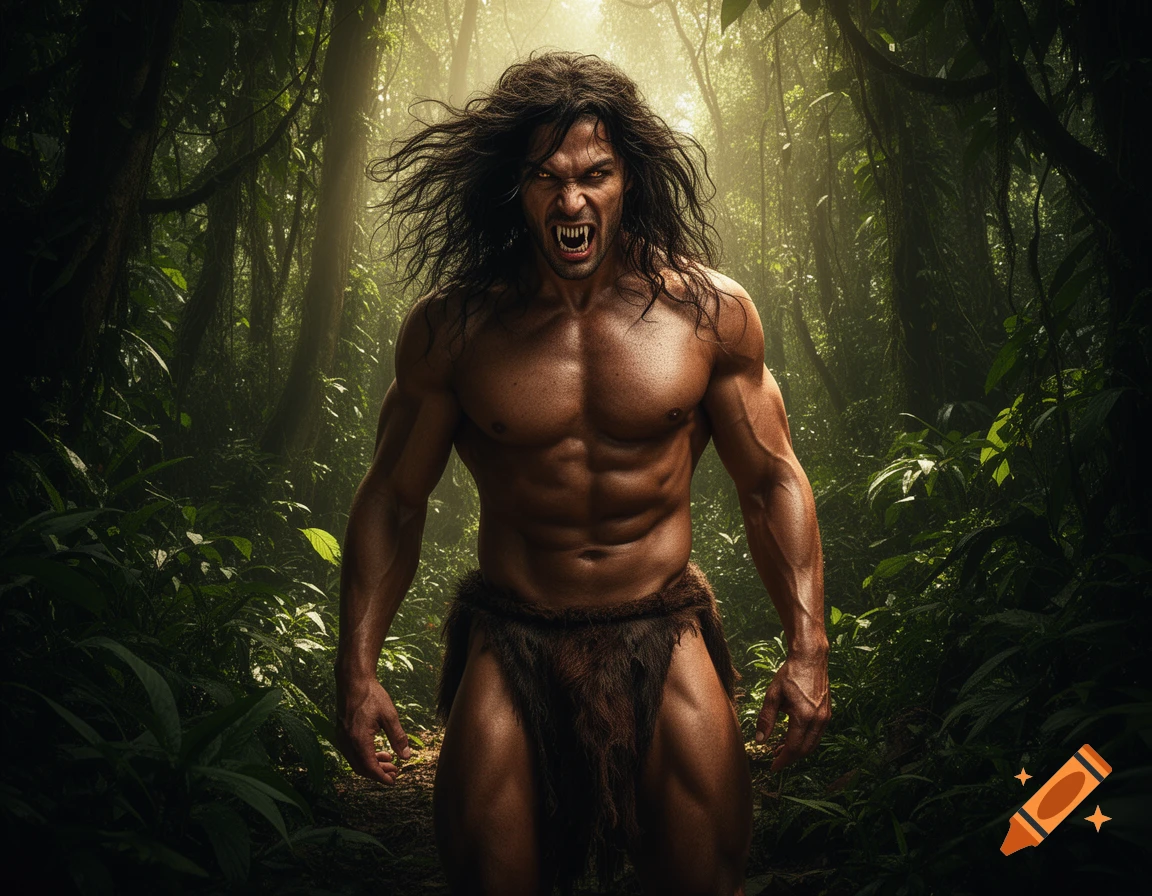 A muscular man with long wild hair, fangs, and glowing eyes, wearing a loincloth, stands ferociously in a jungle.