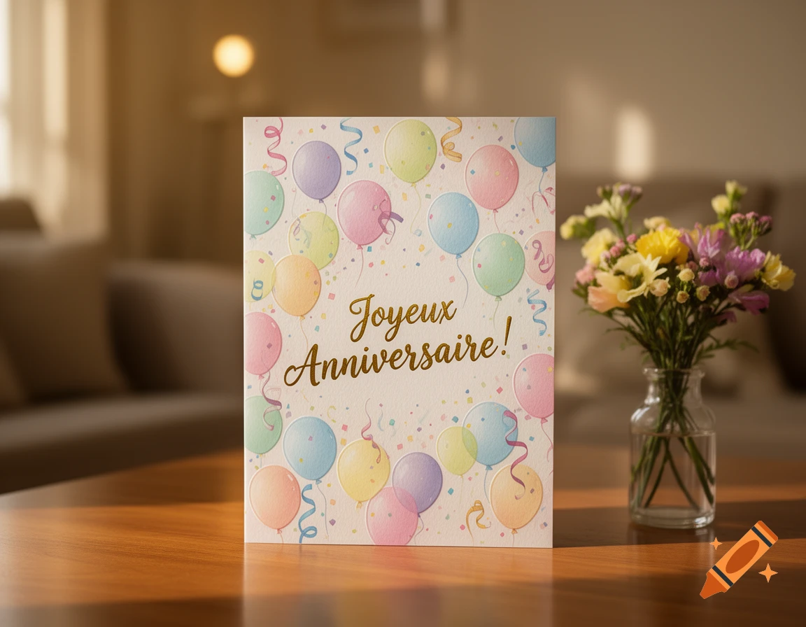A birthday card with colorful balloons and 'Joyeux Anniversaire!' text, next to a vase of fresh flowers on a wooden table.