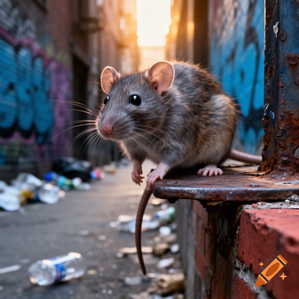 A brown rat with big ears stands on a rusty metal ledge in a graffiti-covered urban alley filled with trash, with a bright sunset in the background.