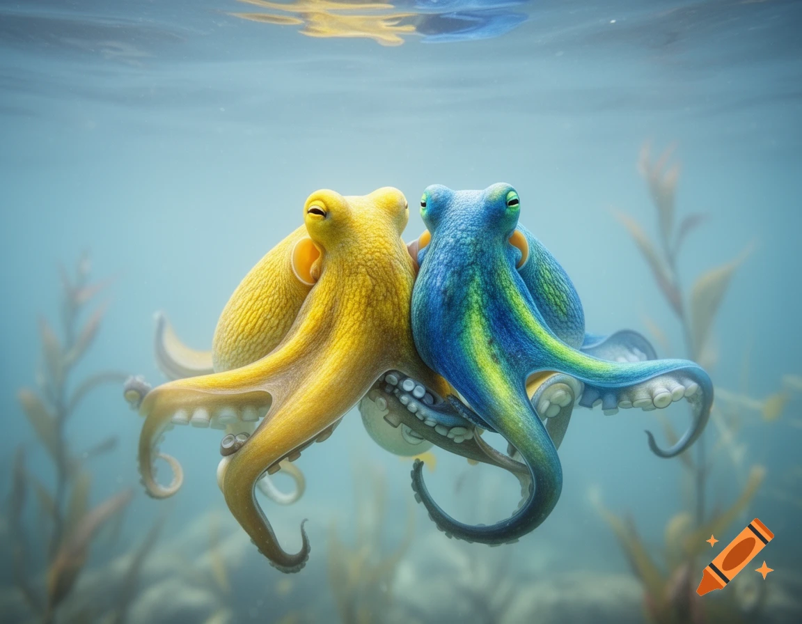 A vibrant yellow octopus and a blue-green octopus embrace underwater, gazing at the viewer with smiles. Blurred plants in background.