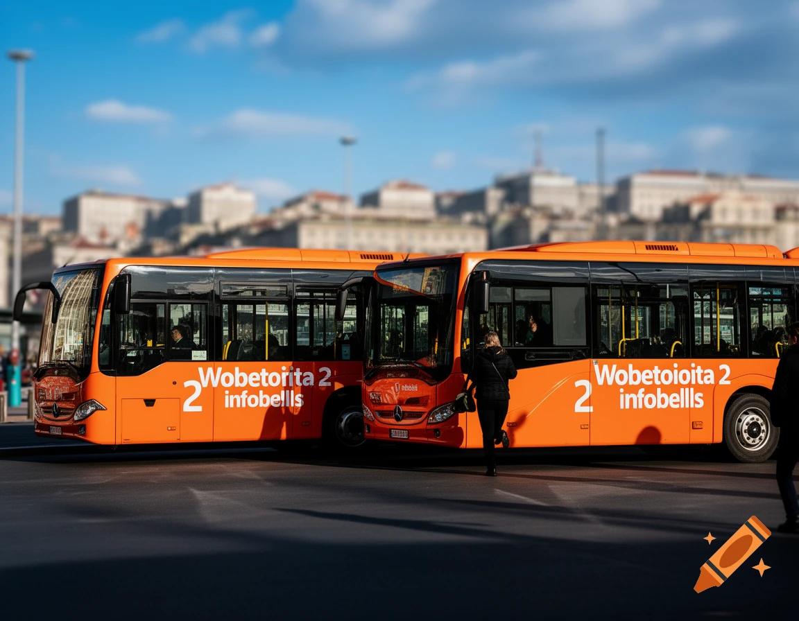 Two orange buses parked on a city street, with a person walking towards one. Photorealistic style.