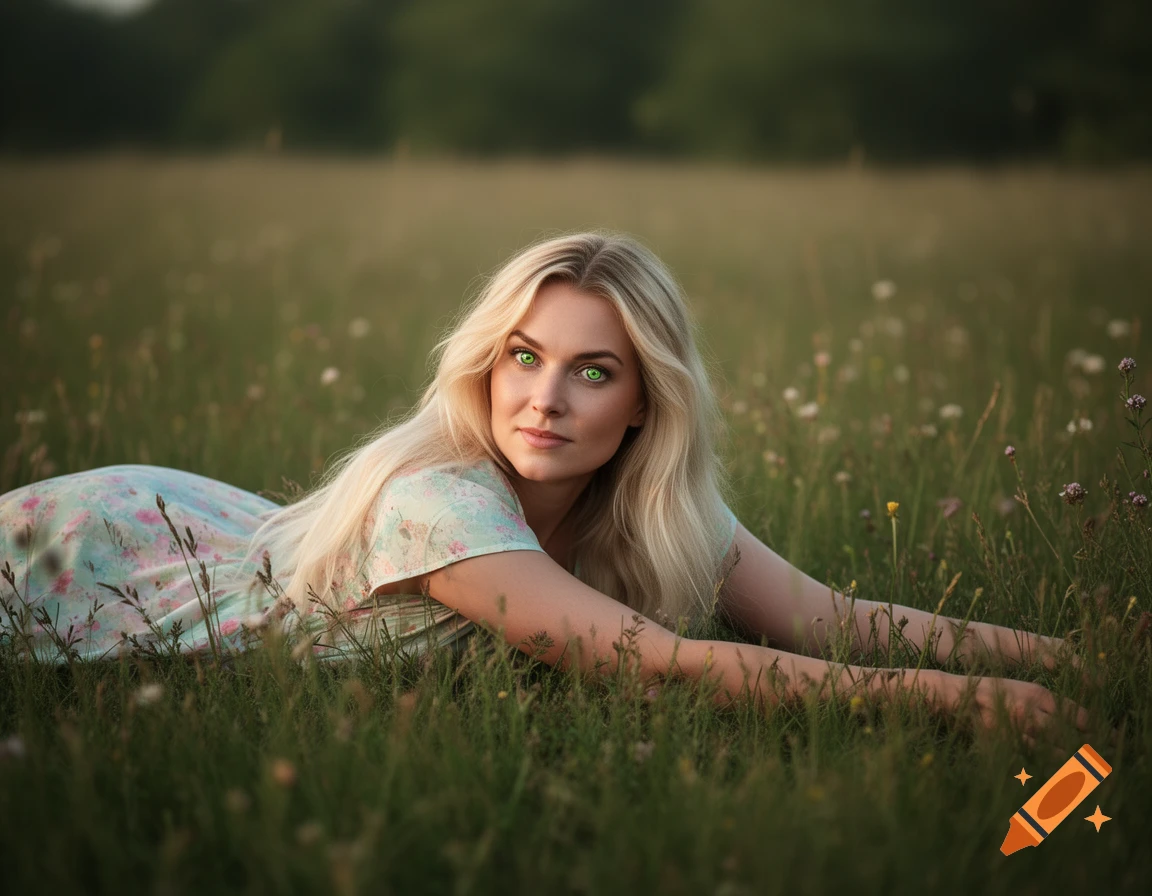 A smiling blonde woman with bright green eyes lies prone in a grassy field, looking back at the camera.