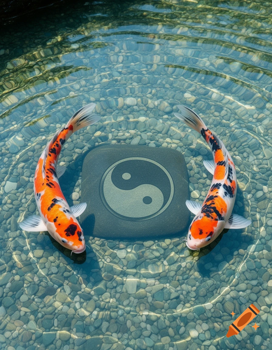 Two vibrant koi fish swim in clear water around a stone with a Yin-Yang symbol, over a bed of pebbles.