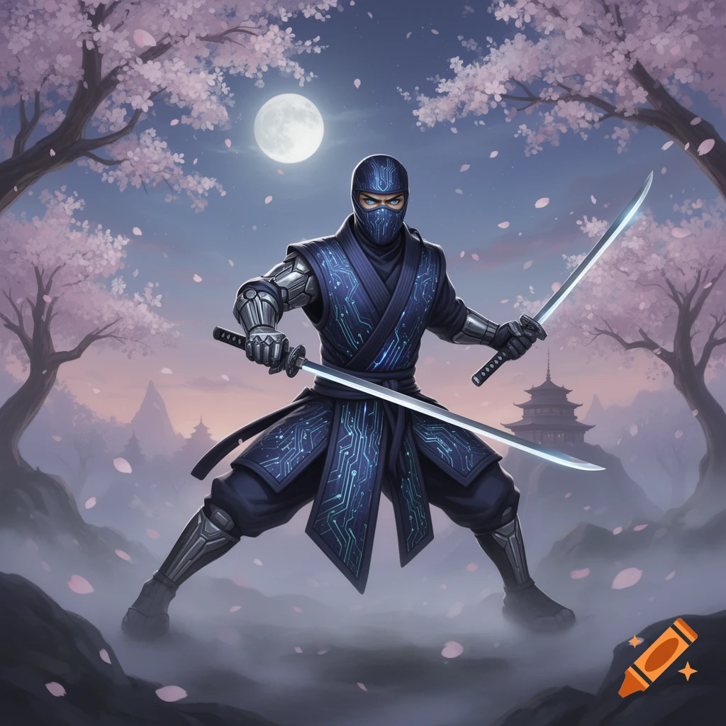 A blue cybernetic ninja with two glowing katanas stands under a full moon and cherry blossoms at dusk.