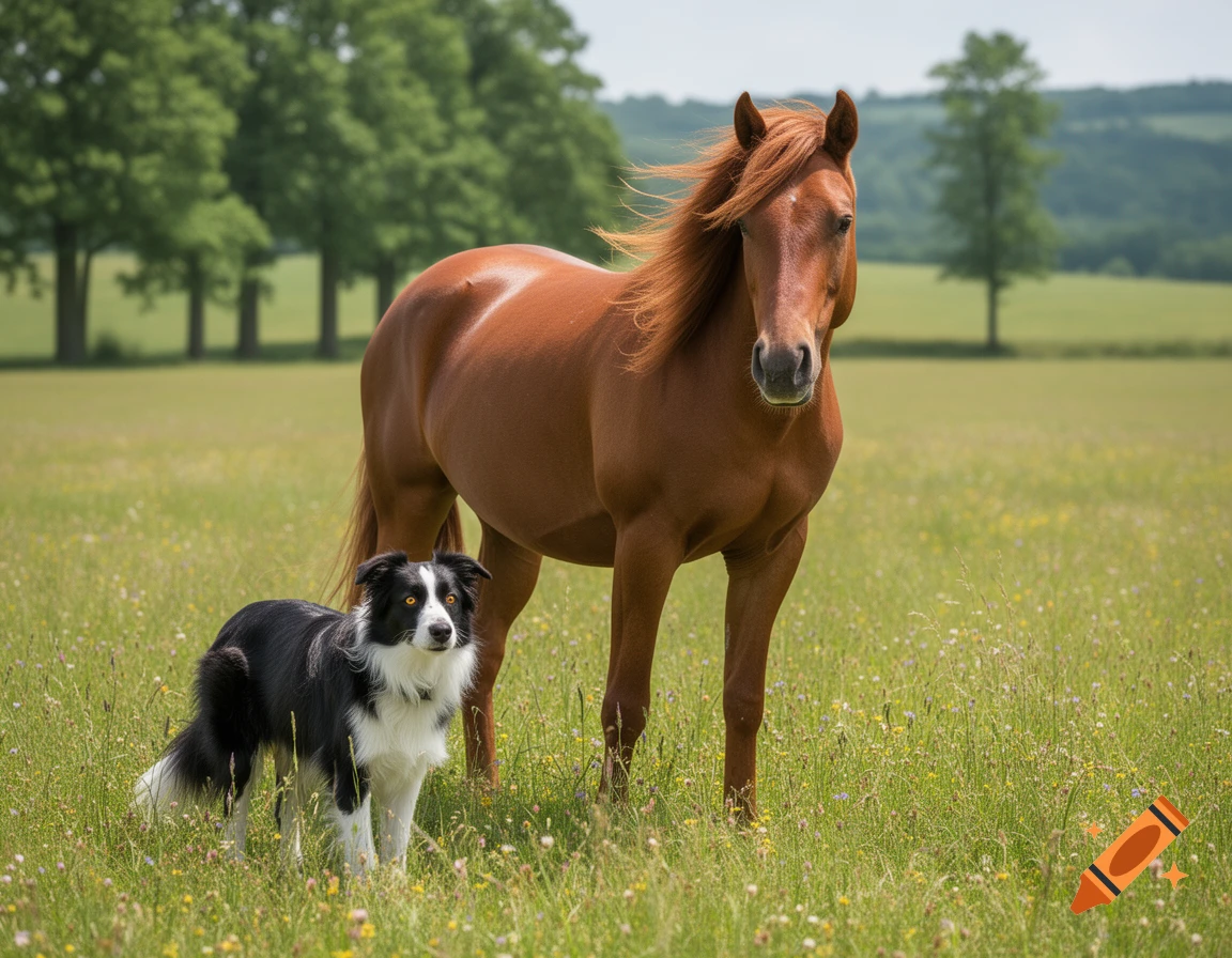 A brown horse stands next to a black and white Border Collie in a vibrant green field with trees under a bright sky.