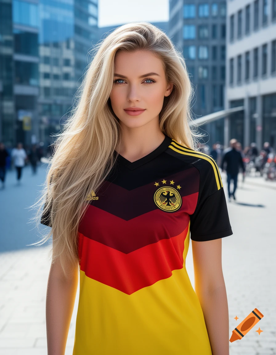 A blonde woman in a German national football jersey stands on a city street.