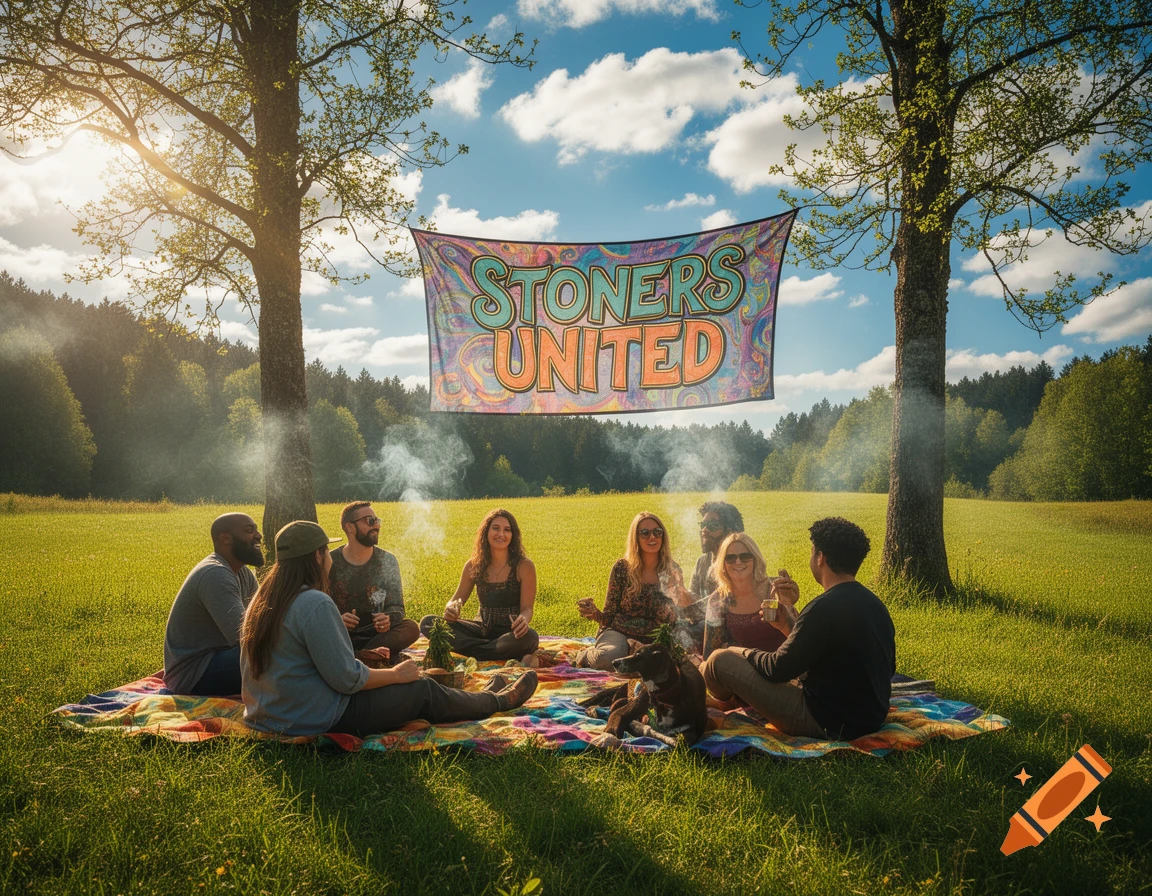 A group of friends and a dog relax on a colorful blanket in a sunny grassy field under a 'STONERS UNITED' banner.