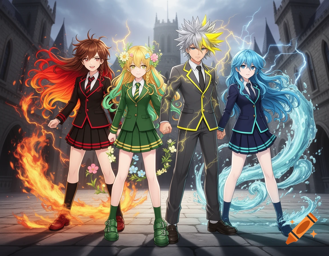 Four anime magical academy champions with fire, nature, lightning, and water powers stand confidently before a castle-like building.