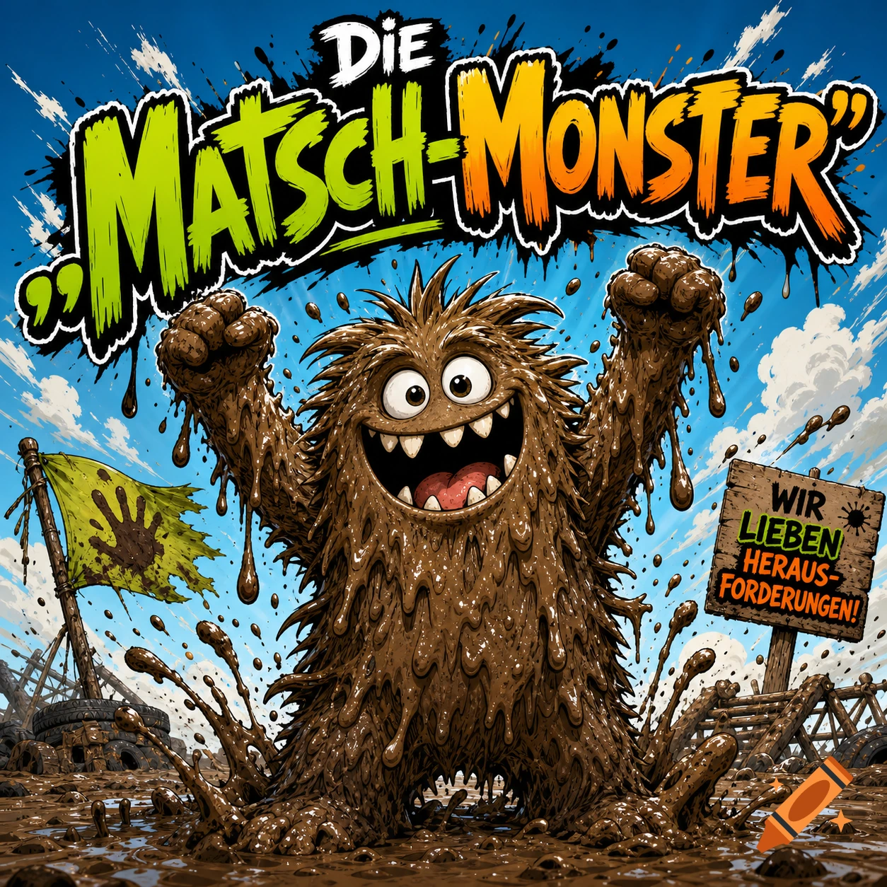 A cheerful, muddy cartoon monster with big eyes and raised fists, splattered in mud, under a blue sky, with text 'Die Matsch-Monster' and 'Wir lieben Herausforderungen!'.