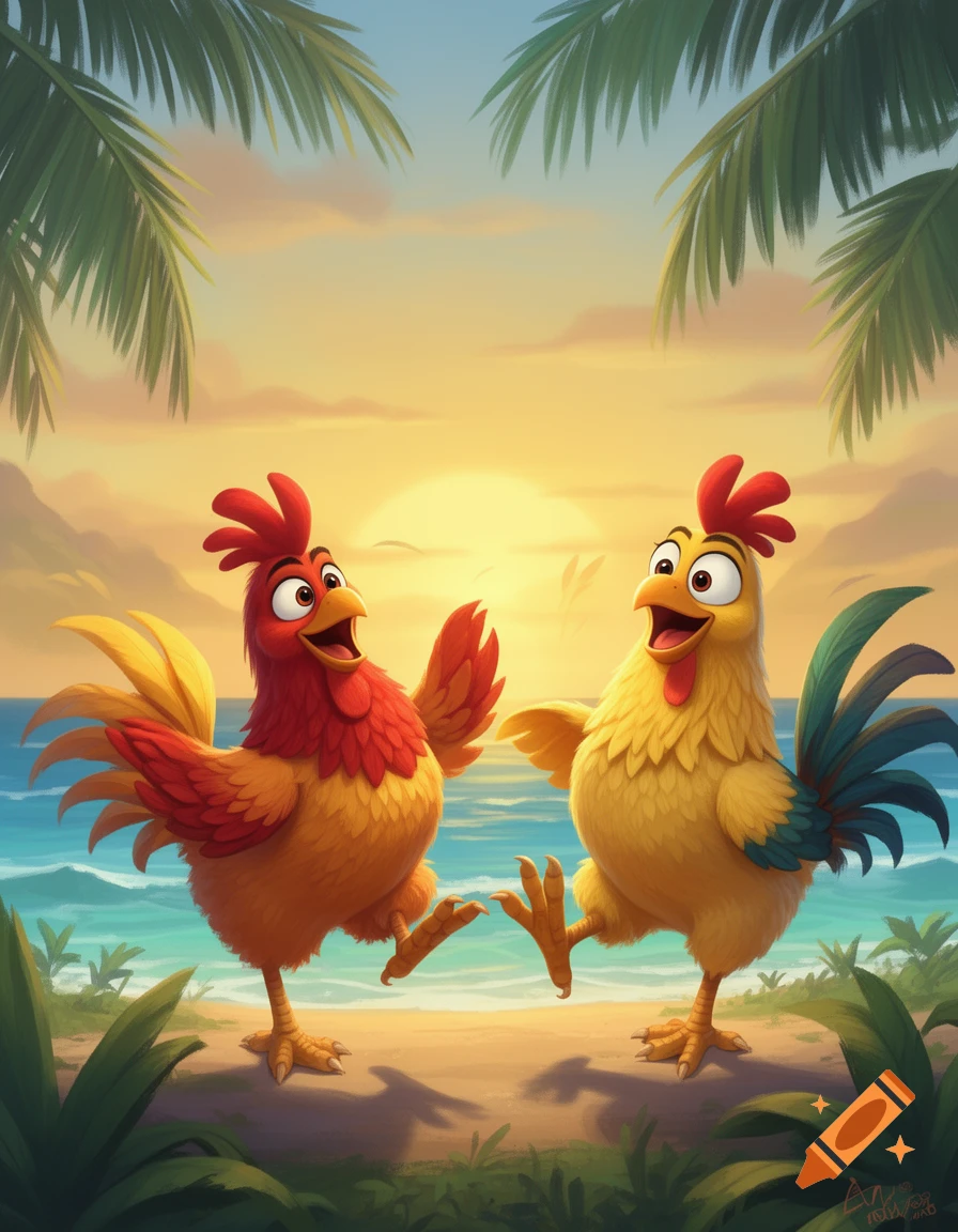 Two cheerful cartoon chickens dance on a tropical beach at sunset, with palm fronds overhead.