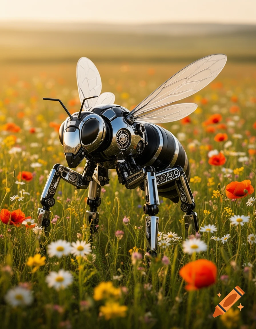 A detailed, shiny metallic robot bee with transparent wings stands in a sunlit field of colorful wildflowers.