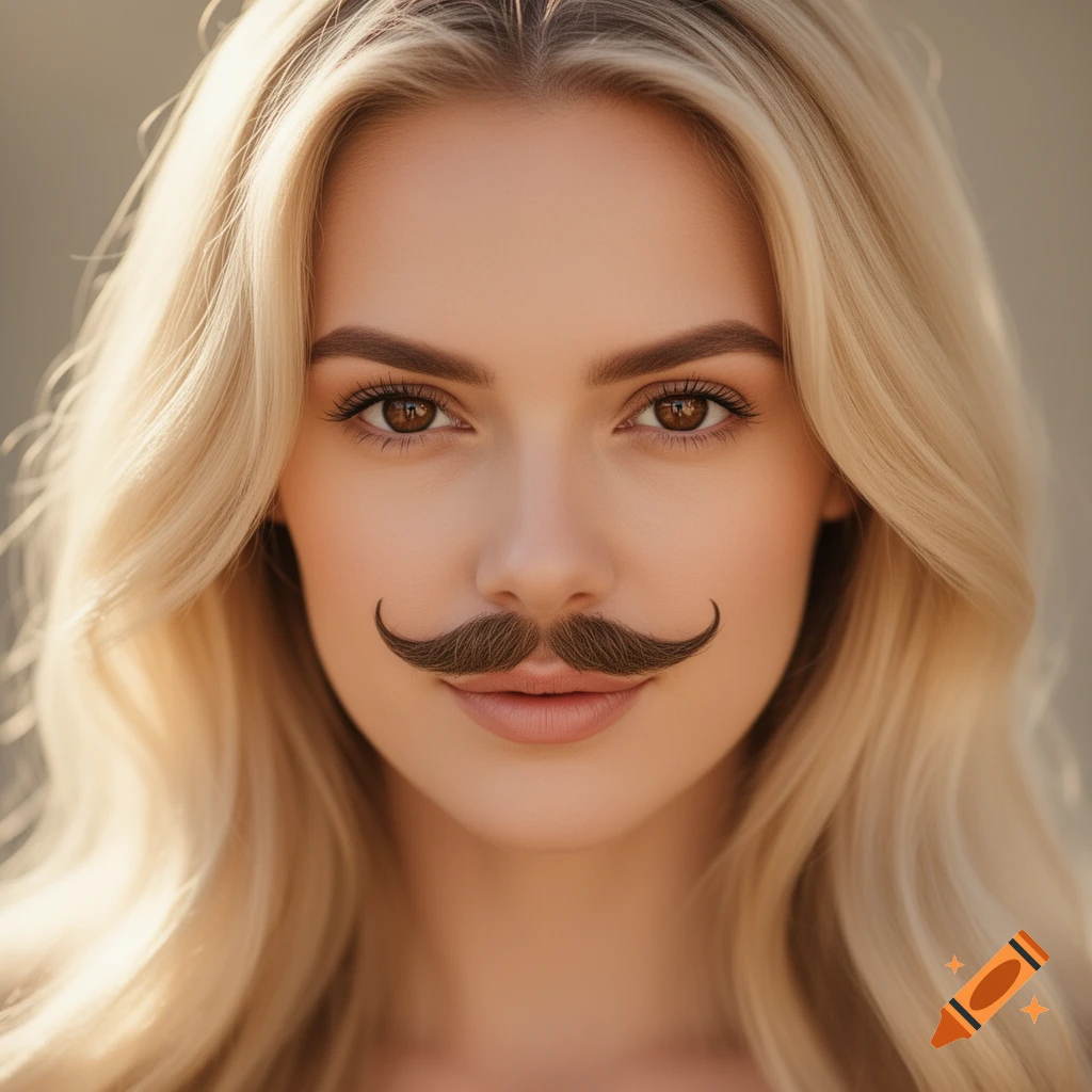 Close-up photorealistic portrait of a blonde woman with brown eyes and a neatly groomed mustache.