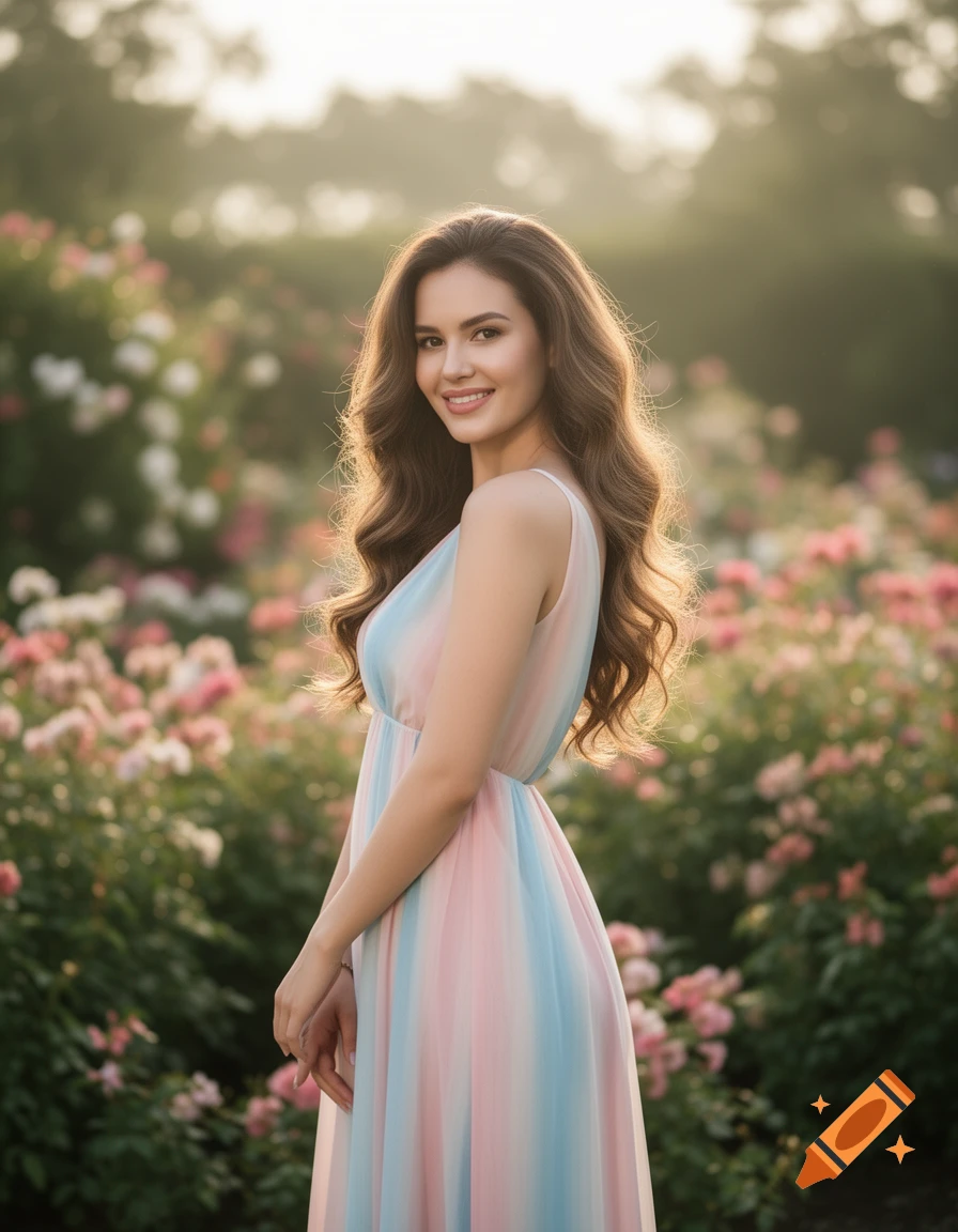 A beautiful young woman with long wavy hair smiles while standing in a lush garden filled with pink and white flowers. She wears a pastel striped sundress.