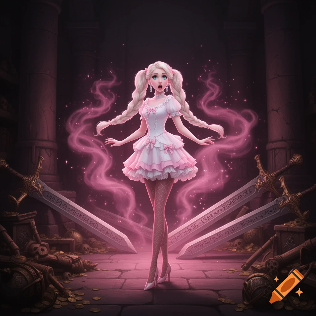 A doll-like woman with blonde pigtails and a pink frilly dress stands in a dark medieval treasury with glowing pink magic.