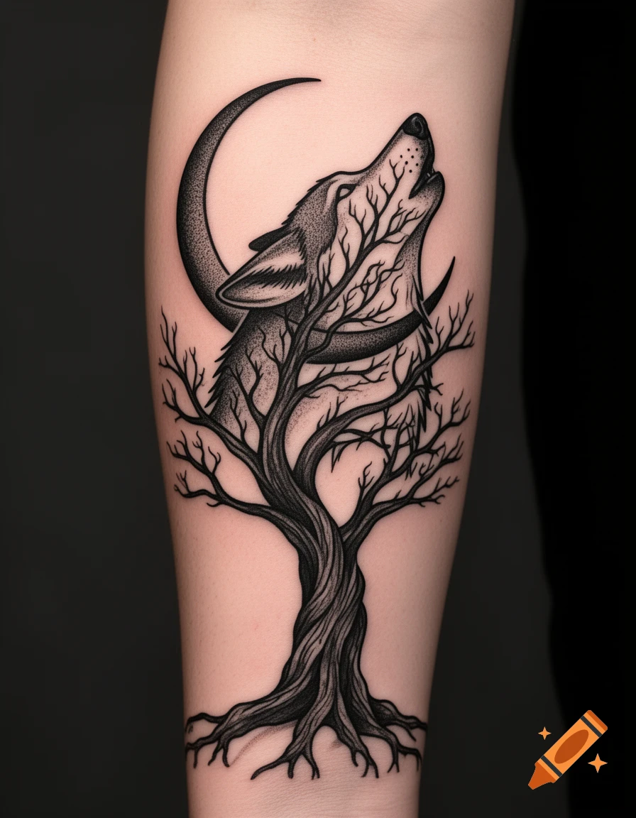 Blackwork tattoo on an arm featuring a howling wolf head, intertwined with a barren tree, against a crescent moon.