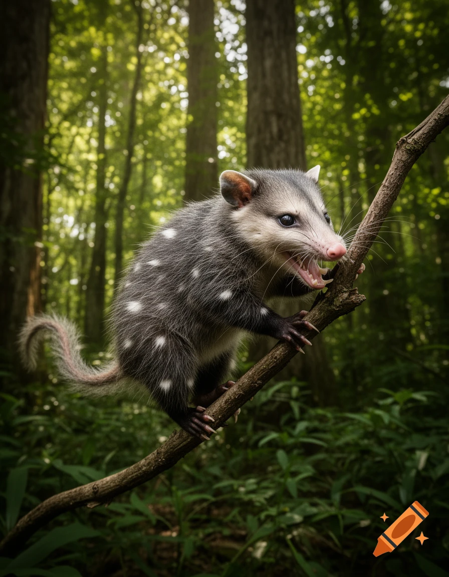 A photorealistic possum with white spots clinging to a tree branch in a lush forest, its mouth open.