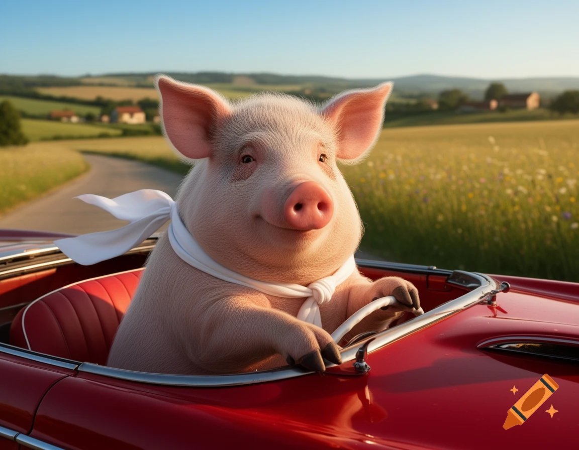 A smiling pig wearing a white scarf drives a red convertible down a winding rural road in the countryside.
