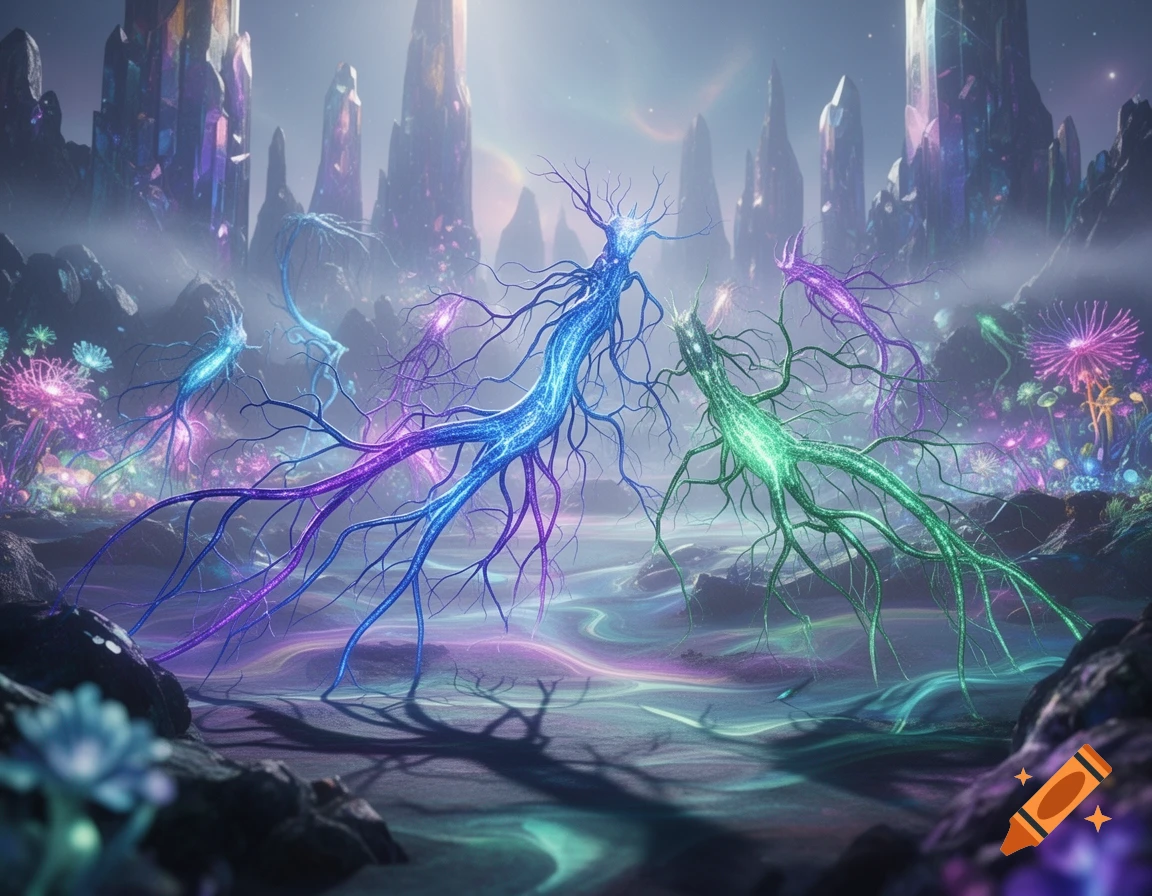 Glowing blue, purple, and green neuron-like creatures with roots sprawl across a misty, otherworldly landscape with crystal formations and bioluminescent plants.
