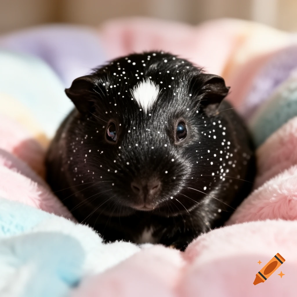 A black guinea pig with white speckles and a white patch on its forehead, resting in a pastel-colored fluffy bed.