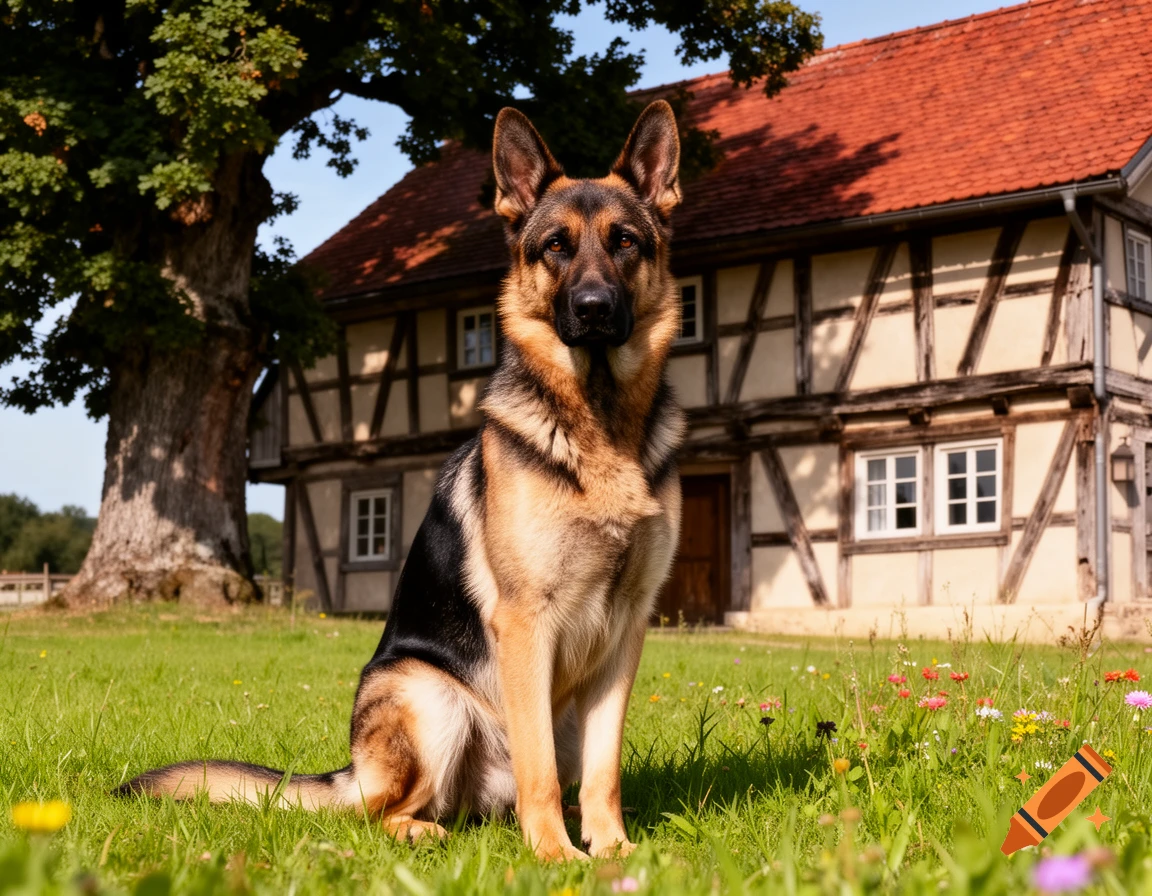 A photorealistic image of a German Shepherd dog sitting in a grassy field with wildflowers, a half-timbered house and a large tree in the background.