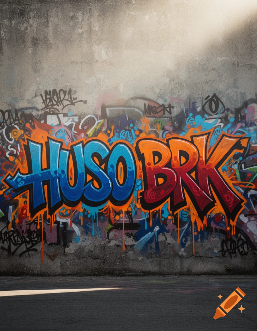 A vibrant 'HUSO BRK' graffiti tag in blue and orange on a weathered concrete wall, with street art in the background.