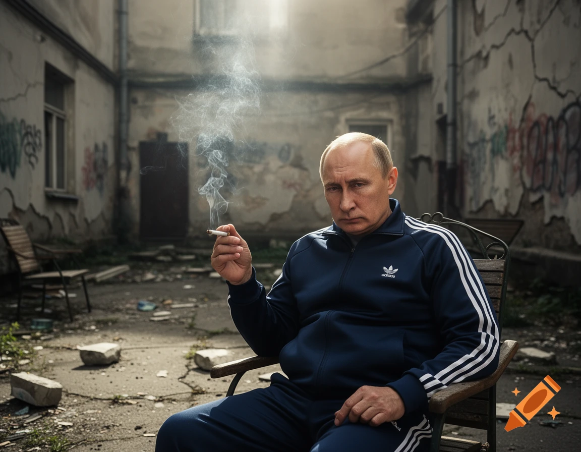 Vladimir Putin sits in a blue Adidas tracksuit, smoking a cigarette in a run-down, graffiti-covered backyard.