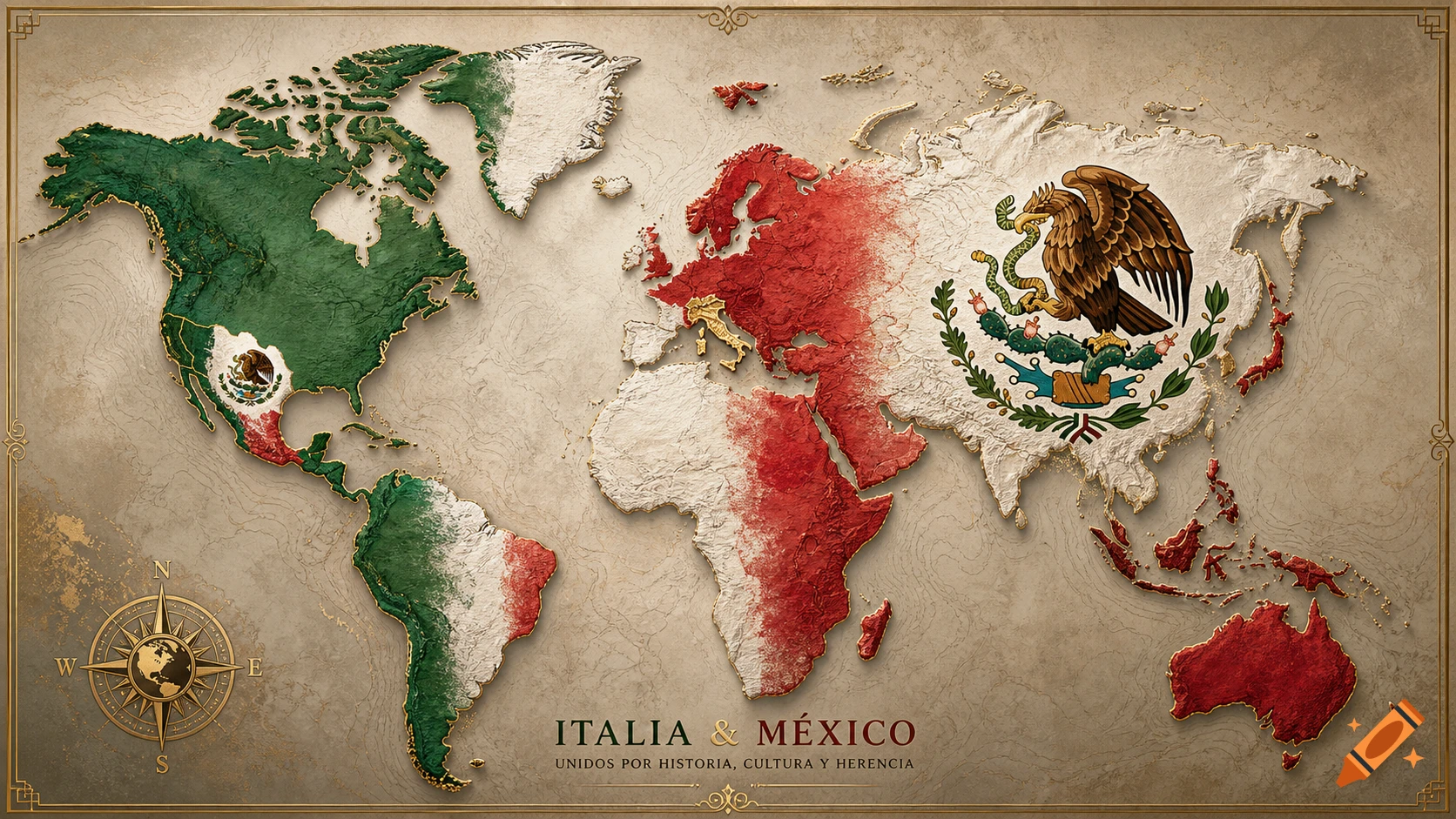 Textured world map, countries colored with flags of Italy and Mexico, golden compass rose, and text at the bottom.