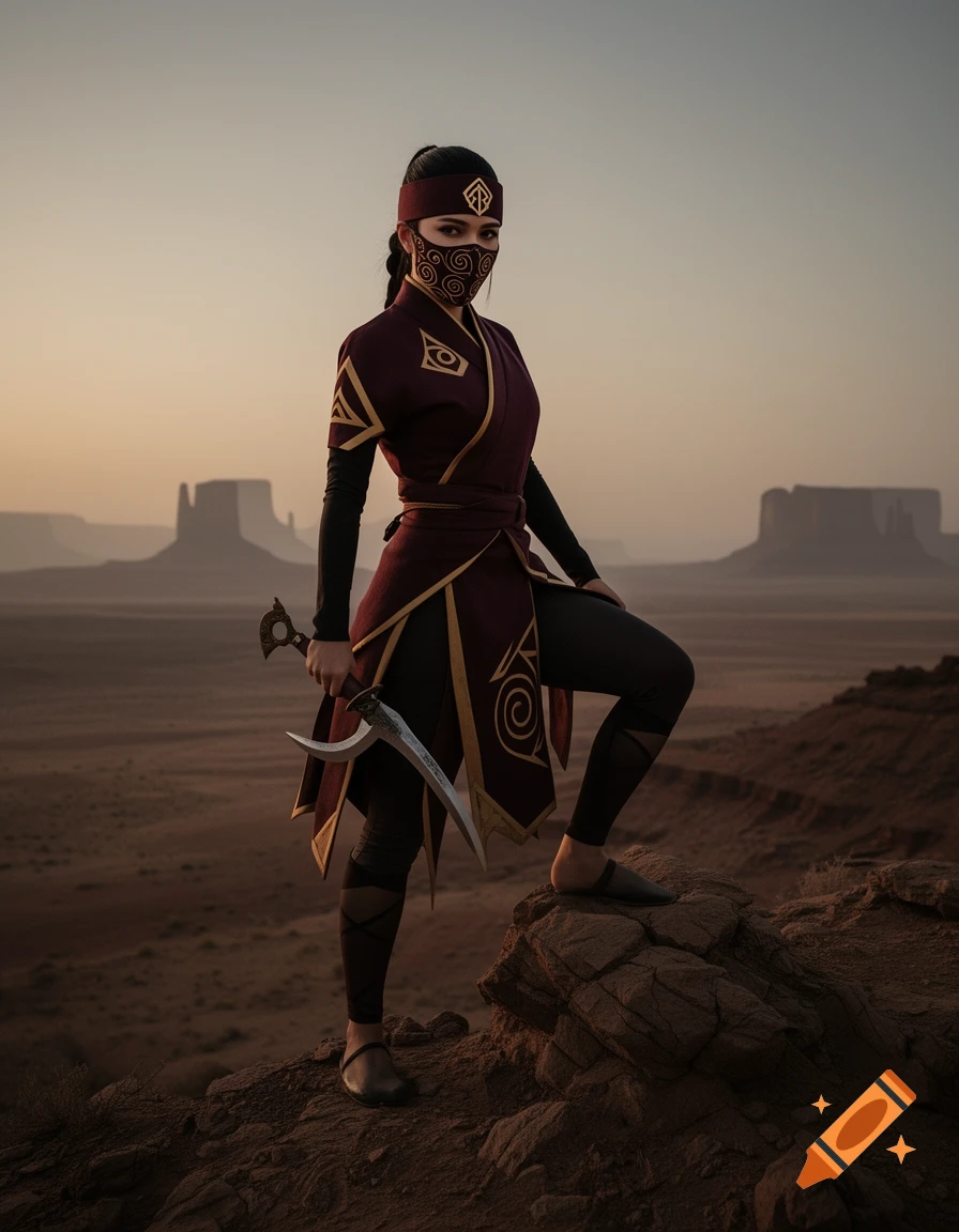 A masked female warrior in a red and gold outfit holds daggers on a rock overlooking a desert landscape at sunset.