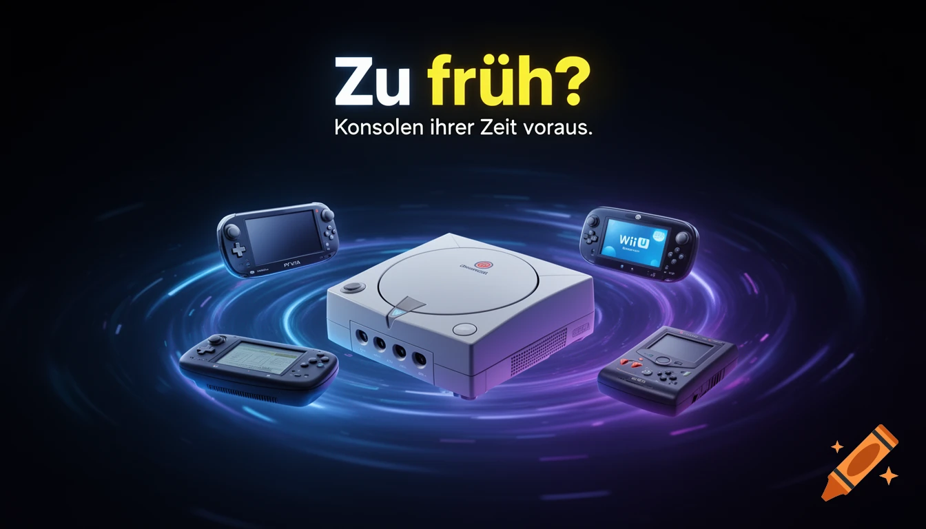 A glowing Sega Dreamcast surrounded by other retro game consoles with text 'Zu fr\u00fch? Konsolen ihrer Zeit voraus.' on a dark background.