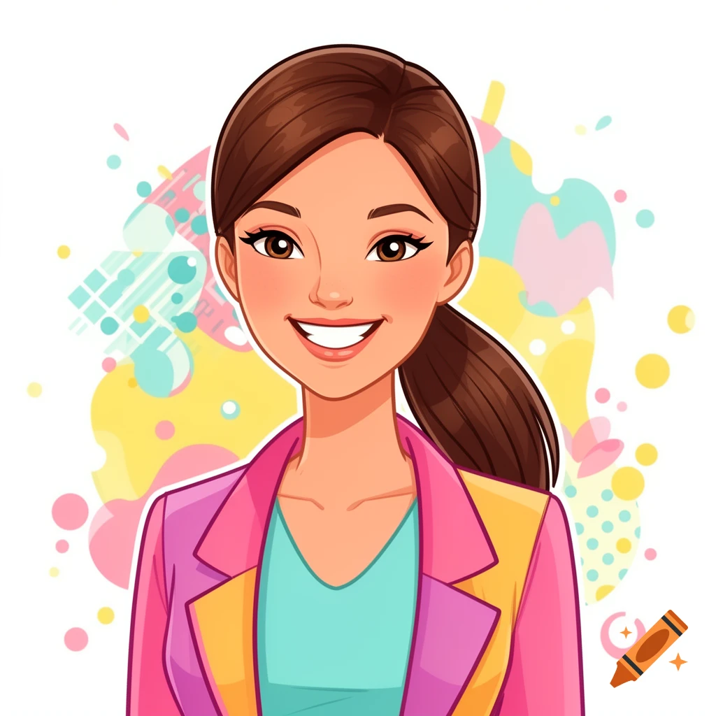 Cartoon portrait of a smiling woman with brown hair in a ponytail, wearing a colorful pink, yellow, and purple blazer over a blue top, with an abstract background.