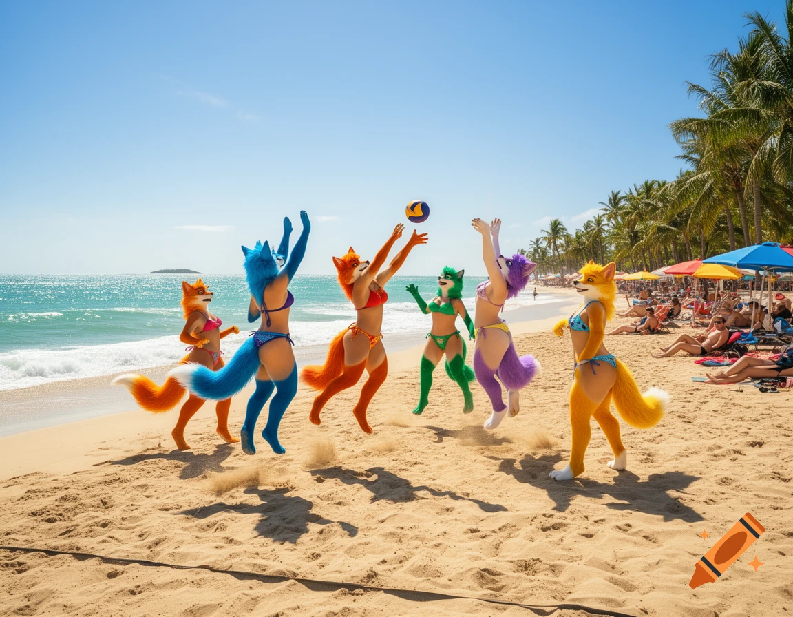 Colorful anthropomorphic foxes in bikinis play volleyball on a sunny beach.