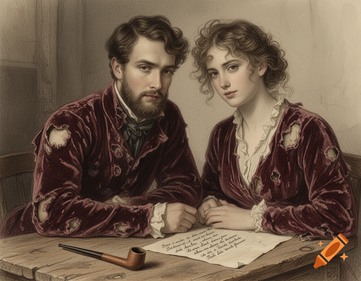 Melancholic young couple in tattered velvet clothes sitting at a table with a pipe and a poem sheet, drawn in watercolor pencil style.