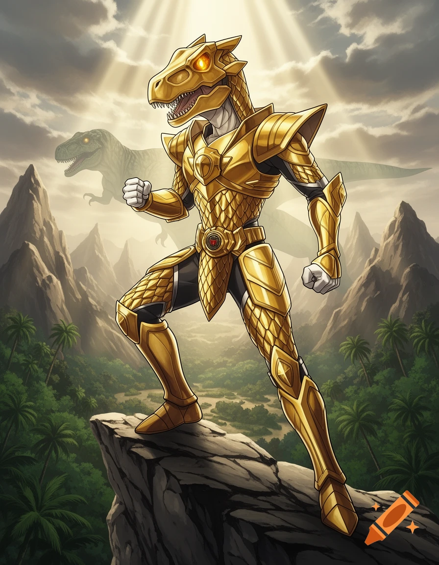 Golden dinosaur-headed warrior in armor stands on a cliff, a jungle and distant dinosaur behind, with sun rays. Comic art style.
