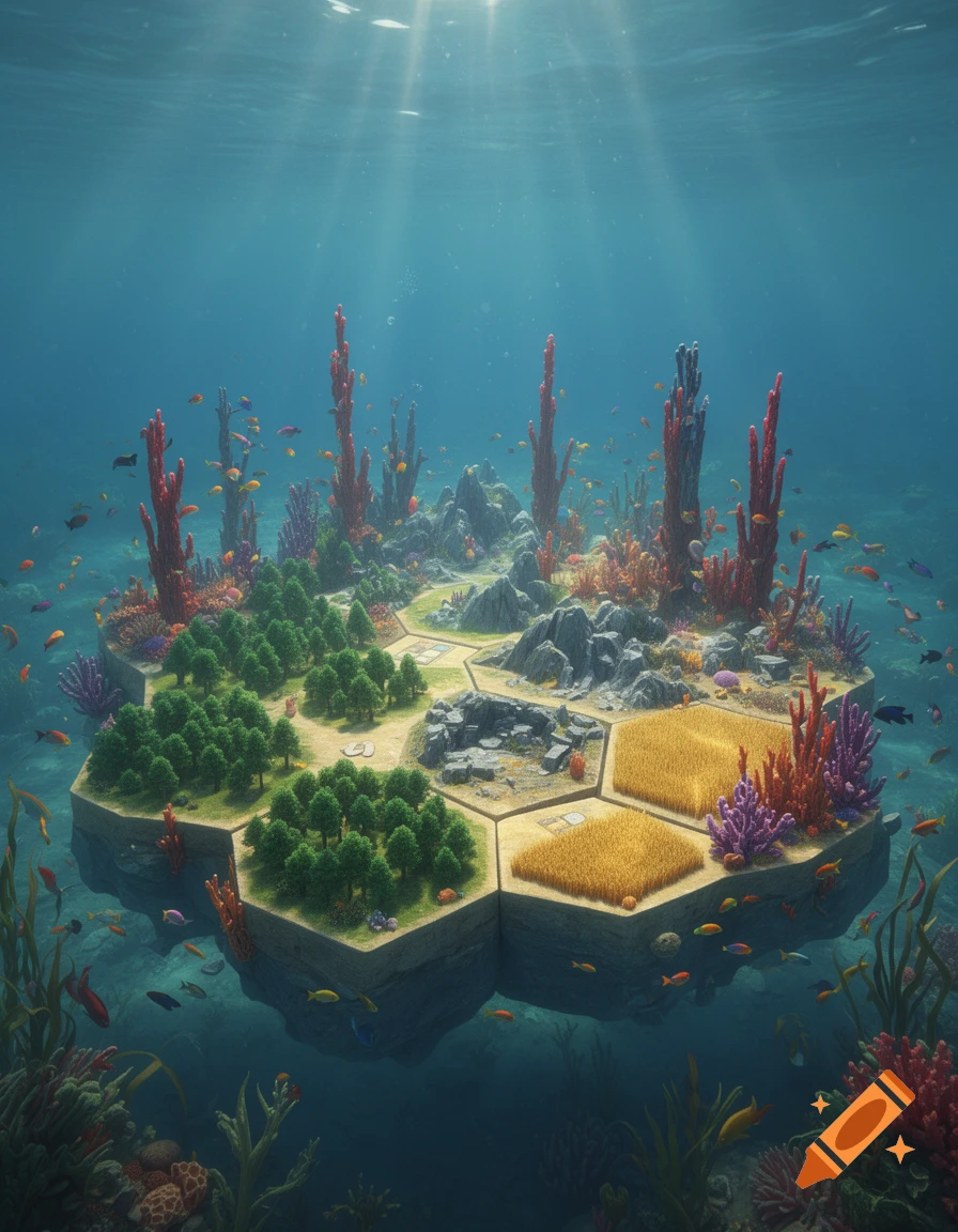 A vibrant, hexagonal Catan-like island ecosystem floating underwater, surrounded by colorful coral, diverse fish, and illuminated by sun rays.