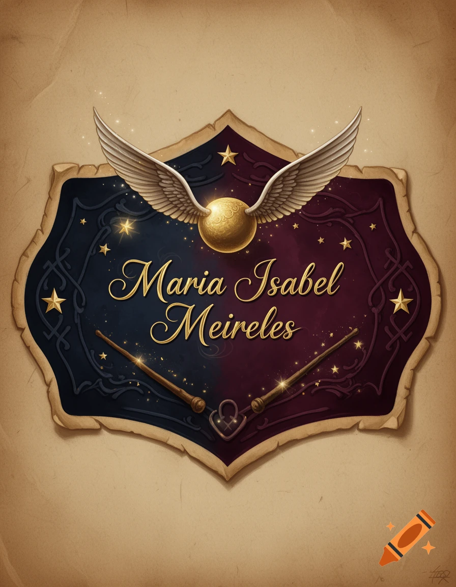 A golden Snitch with wings floats above a blue and maroon crest featuring two magic wands, golden stars, and the name 'Maria Isabel Meireles' in cursive script, all on a parchment background.