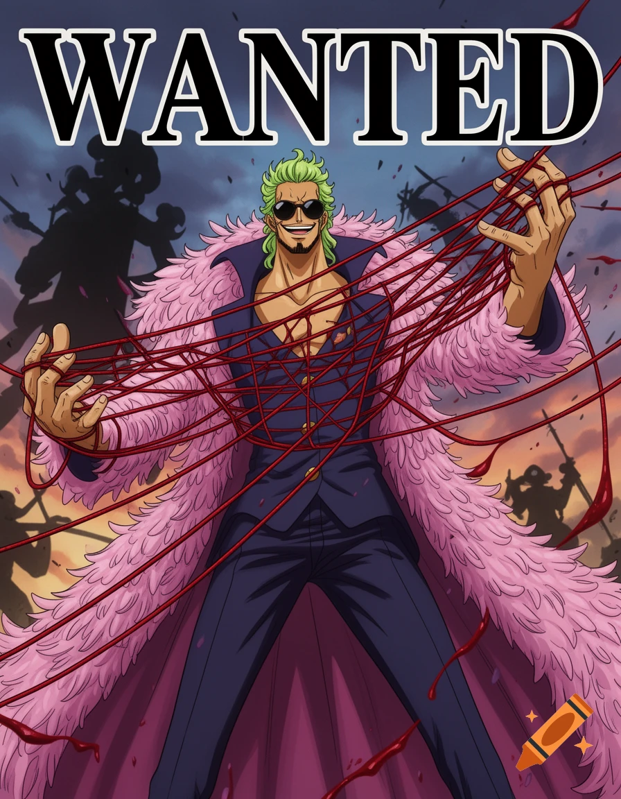 Doflamingo from One Piece in a wanted poster, wearing a pink feathered coat and sunglasses, manipulating bloody red strings.