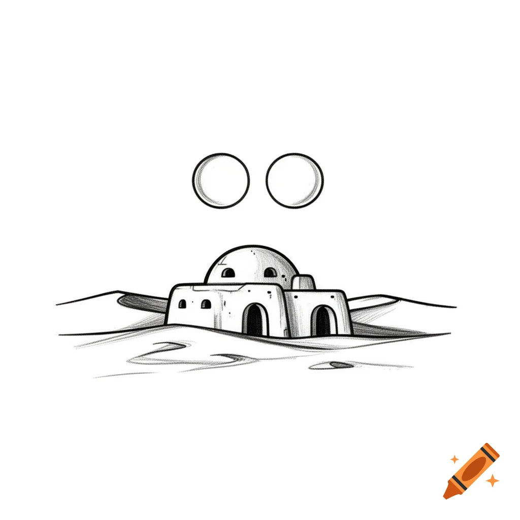 Black and white minimalist drawing of a domed Star Wars Tatooine house on sand dunes under twin suns.