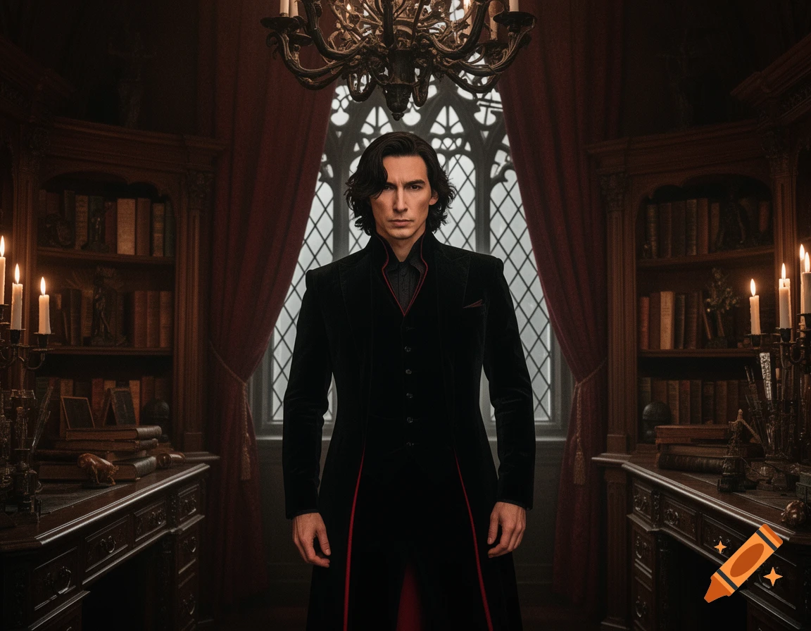 A man resembling Adam Driver stands in a gothic library, dressed in a long black velvet coat with red lining, under a chandelier.
