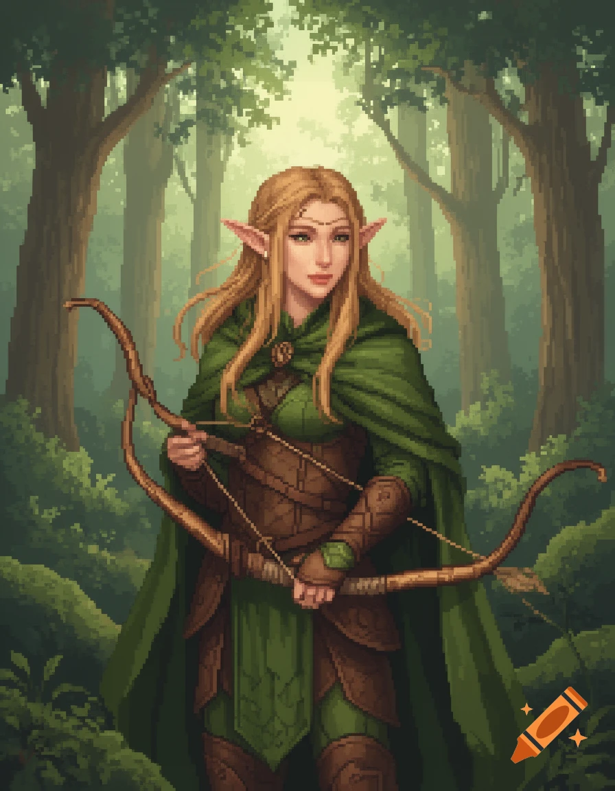 A pixel art portrait of a female elven ranger with blonde hair and a green cloak, holding a bow in a forest.