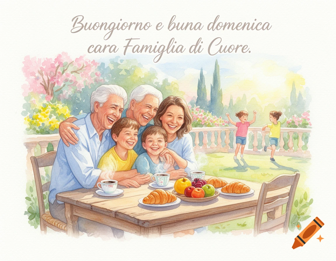 Watercolor of a happy family having breakfast in a sunny garden with text 'Buongiorno e buna domenica cara Famiglia di Cuore'.