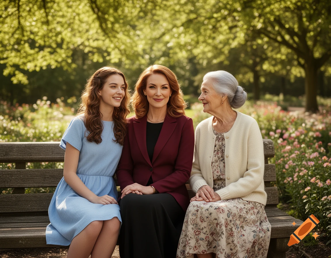 Three women of different ages sitting on a wooden bench in a sunny park filled with trees and flowers.