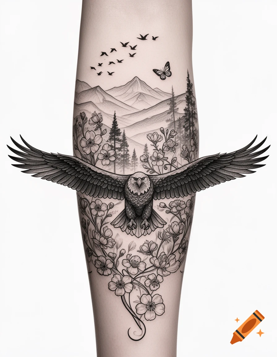 Detailed black and white tattoo on an arm, featuring an eagle with outstretched wings, mountains, trees, flowers, birds, and a butterfly.