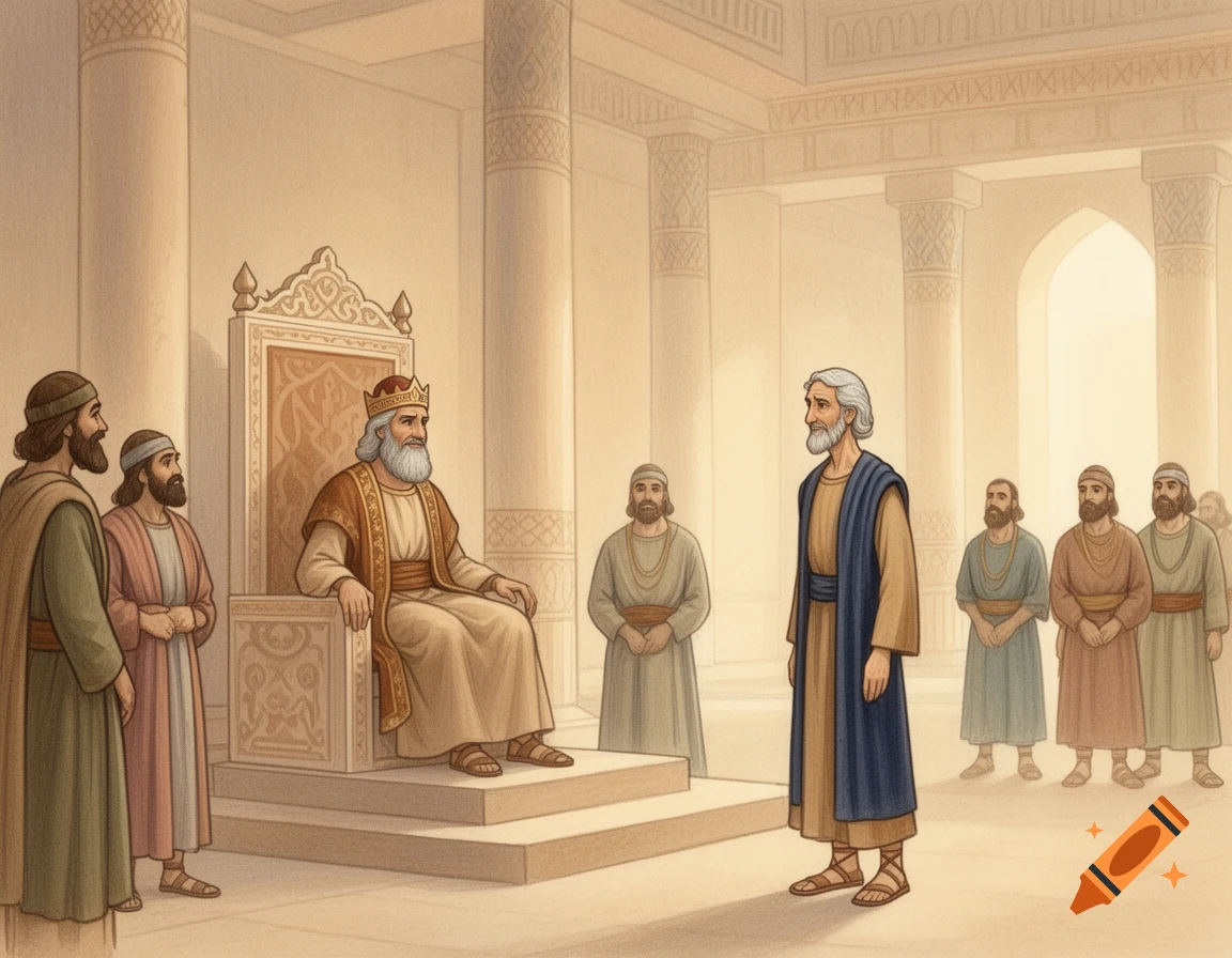 A hand-painted children's book illustration showing Daniel standing before King Darius on his throne in a palace hall, with other men present.