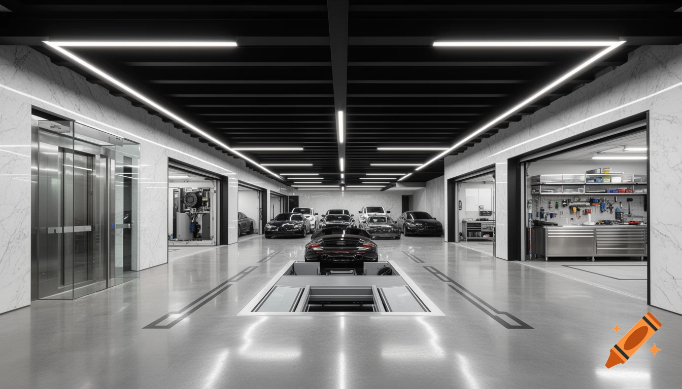 A massive, ultra-modern underground luxury car garage with polished concrete floors, LED strip lighting, and a vehicle platform.