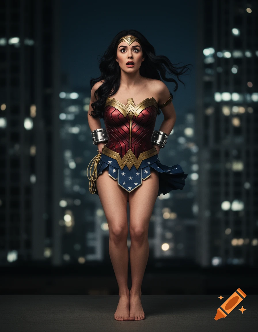 Photorealistic Wonder Woman with a surprised expression, standing barefoot against a blurred night city skyline.