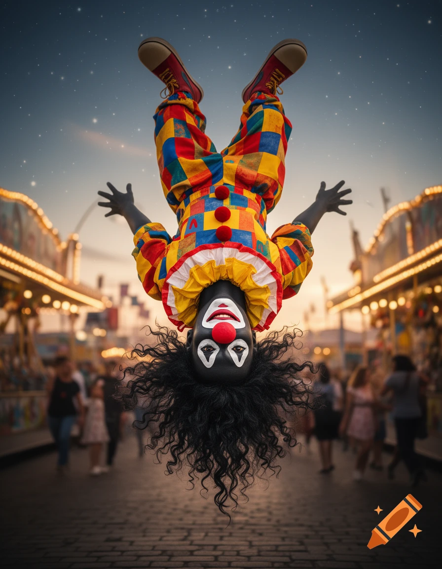 An upside-down clown with black face paint, a red nose, and a colorful checkered costume hovers above a bustling fairground.