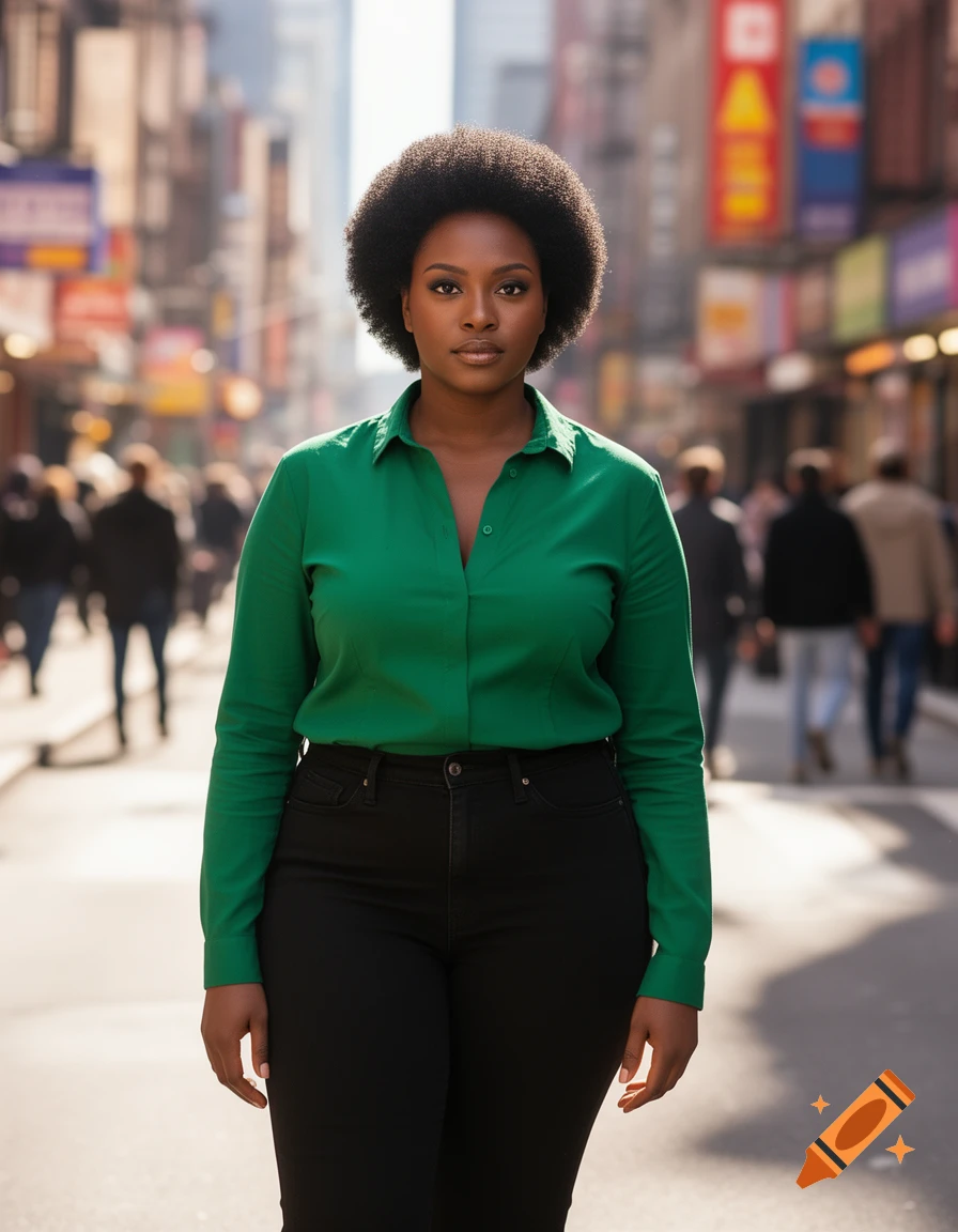 A Black woman with an afro and a green shirt stands confidently on a bustling city street.