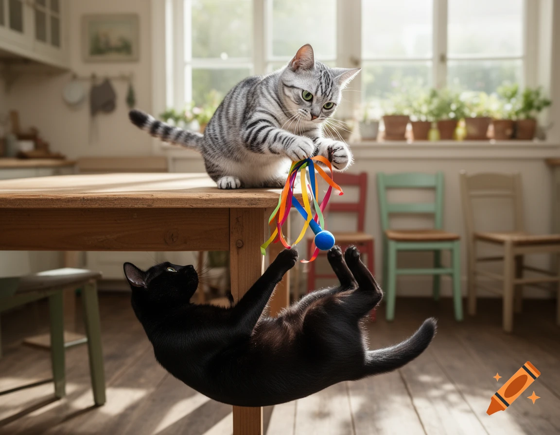 A tabby cat on a table plays with a colorful toy, while a black cat hangs below, reaching for it in a bright kitchen.